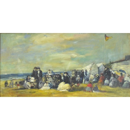 1049 - Figures on a beach, French Impressionist oil on canvas, framed and glazed, 58cm x 29cm