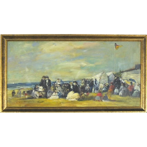 1049 - Figures on a beach, French Impressionist oil on canvas, framed and glazed, 58cm x 29cm