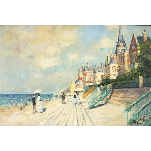 928 - Figures on a beach, French Impressionist oil on canvas, framed, 59.5cm x 39cm