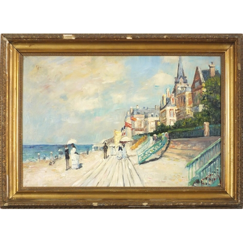 928 - Figures on a beach, French Impressionist oil on canvas, framed, 59.5cm x 39cm