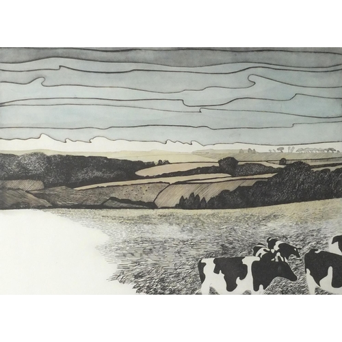 1019 - June Berry - Down the meadow, pencil signed artist proof etching in colour, framed and glazed, 75cm ... 