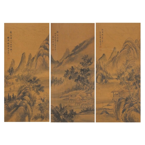 302 - Tryptich of three Chinese watercolours, each depicting river landscapes with calligraphy and red sea... 