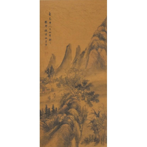 302 - Tryptich of three Chinese watercolours, each depicting river landscapes with calligraphy and red sea... 