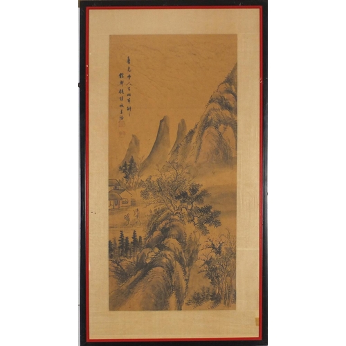 302 - Tryptich of three Chinese watercolours, each depicting river landscapes with calligraphy and red sea... 