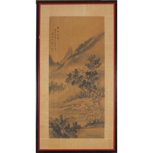 302 - Tryptich of three Chinese watercolours, each depicting river landscapes with calligraphy and red sea... 