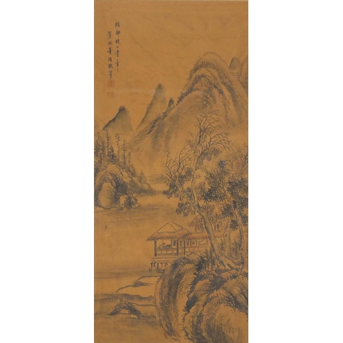 302 - Tryptich of three Chinese watercolours, each depicting river landscapes with calligraphy and red sea... 