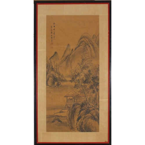 302 - Tryptich of three Chinese watercolours, each depicting river landscapes with calligraphy and red sea... 