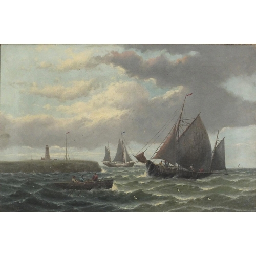 28 - Boats on calm seas, pair of 19th century marine oil on canvasses, each bearing an indistinct signatu... 
