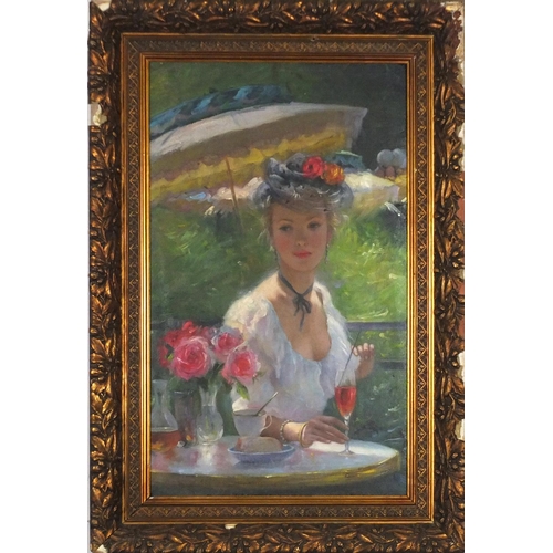 444 - Manner of Yuri Krotov - Female under a parasol, Russian school oil on board, framed, 73.5cm x 45cm