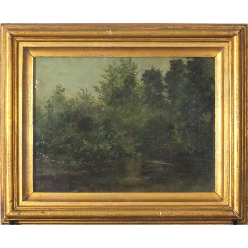 732 - Water before woodland, oil on canvas, bearing a signature Diaz and inscriptions verso, framed and gl... 