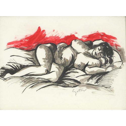 1051 - Sleeping nude female, American school watercolour, framed and glazed, 37cm x 27.5cm