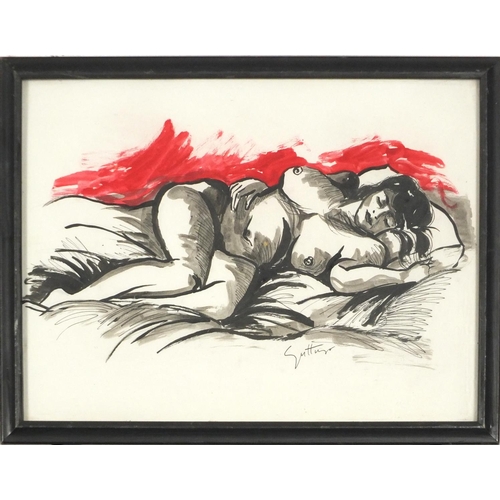 1051 - Sleeping nude female, American school watercolour, framed and glazed, 37cm x 27.5cm