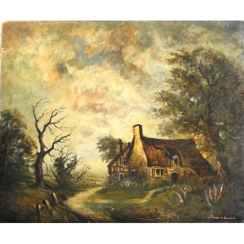 1017 - Cottage before a landscape, oil on canvas, indistinctly signed Dennis Randall? unframed, 76.5cm x  6... 