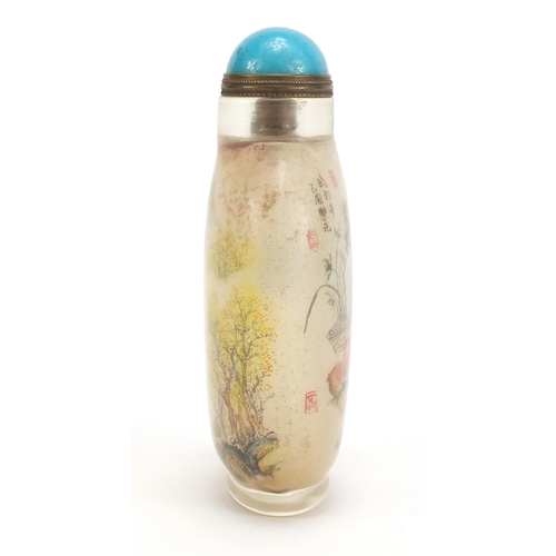 130 - Chinese glass internally hand painted snuff bottle with stopper, 9.5cm high