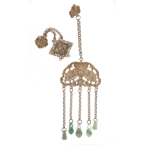 974 - Chinese silver coloured metal butterfly design chatelaine with jade drops and one other, the largest... 