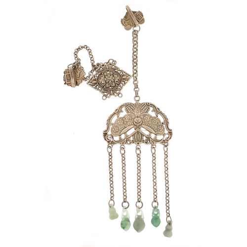 974 - Chinese silver coloured metal butterfly design chatelaine with jade drops and one other, the largest... 