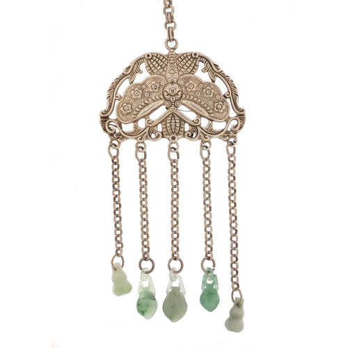 974 - Chinese silver coloured metal butterfly design chatelaine with jade drops and one other, the largest... 