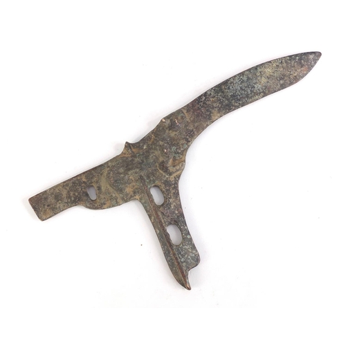 521 - Persian patinated bronze archaic style axe head, 24.5cm wide