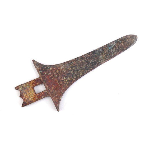 522 - Persian patinated bronze archaic style axe head, 25cm wide