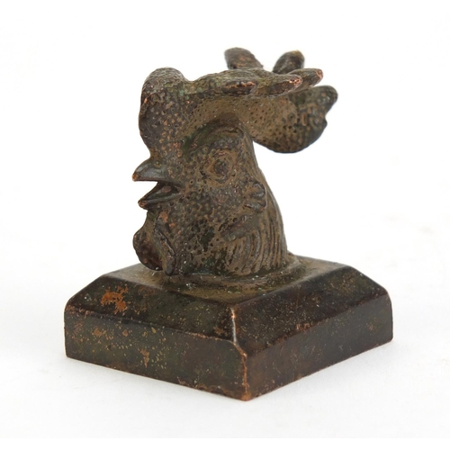 1125 - Chinese patinated bronze cockerel seal, 4cm high