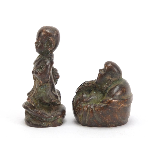 1332 - Two Chinese patinated bronzes comprising a young boy and Buddha, the largest 5cm high