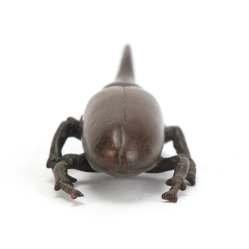 236 - Japanese patinated bronze long horn beetle, impressed marks to the base, 8.5cm in length