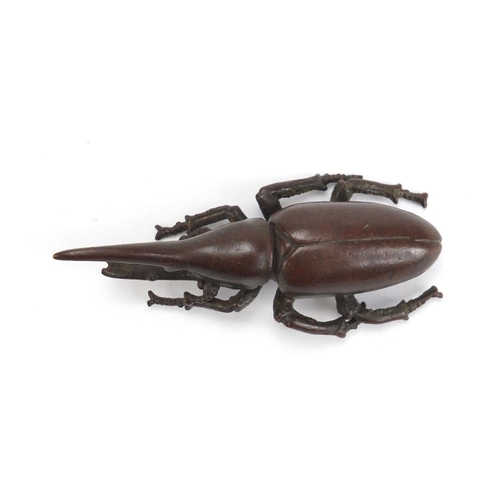 236 - Japanese patinated bronze long horn beetle, impressed marks to the base, 8.5cm in length