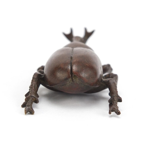 499 - Japanese patinated bronze rhino horn beetle, impressed marks to the base, 7.5cm in length