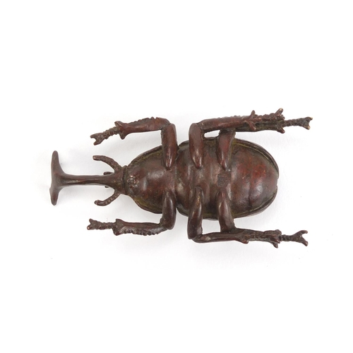 499 - Japanese patinated bronze rhino horn beetle, impressed marks to the base, 7.5cm in length