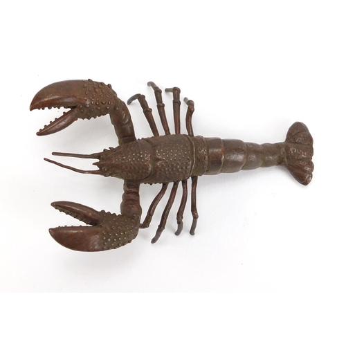 235 - Japanese patinated bronze lobster, impressed character marks to the base, 8.5cm in length