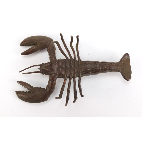 235 - Japanese patinated bronze lobster, impressed character marks to the base, 8.5cm in length