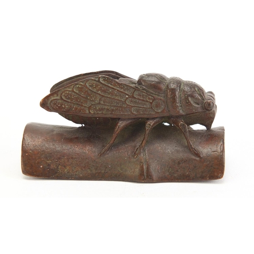 501 - Japanese patinated bronze fly with scorpion and snail to the underside, 7cm in length