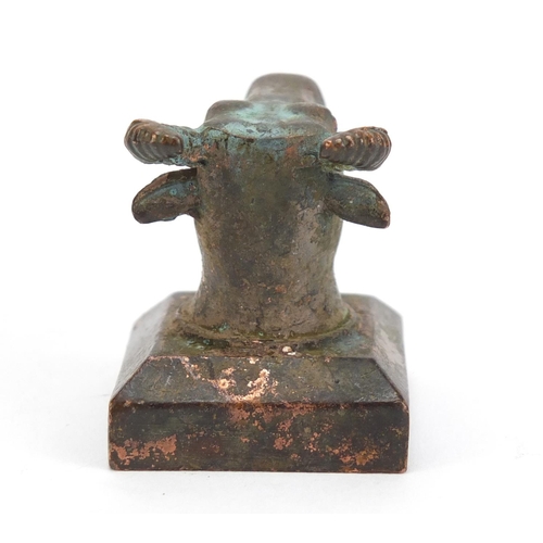 836 - Chinese patinated bronze cow's head design seal with character marks, 4cm high