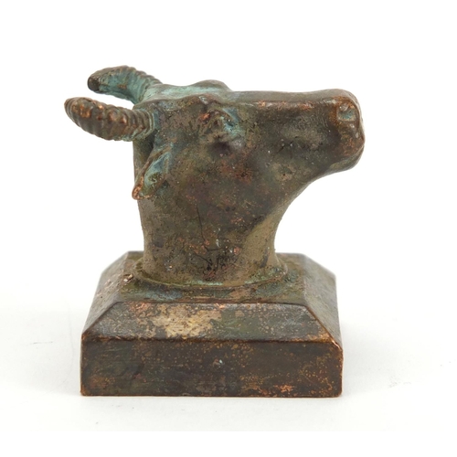 836 - Chinese patinated bronze cow's head design seal with character marks, 4cm high