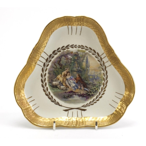 785 - Royal Copenhagen triangular plate decorated with classical figures within a gilt border, 22.5cm wide