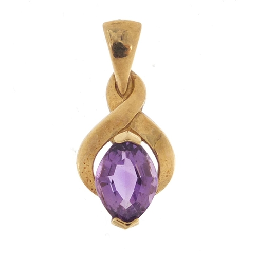 1064 - 9ct gold amethyst pendant, 2cm in length, 1.0g