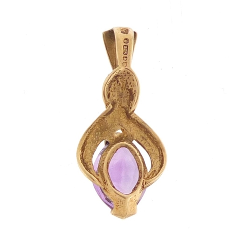 1064 - 9ct gold amethyst pendant, 2cm in length, 1.0g