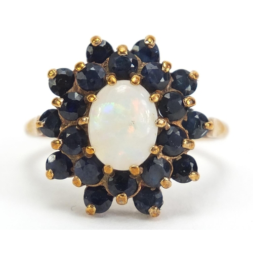 354 - Unmarked gold opal and sapphire flower head ring, size S, 4.9g