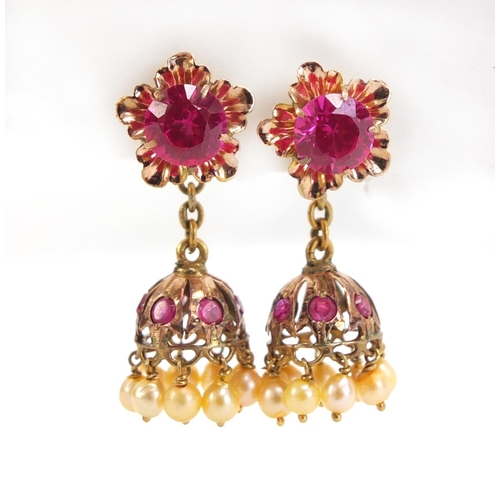 881 - Pair of unmarked gold pink sapphire and pearl earrings with screw backs, 3.5cm in length, 6.2g