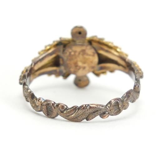 1234 - 19th century unmarked gold mourning ring set with a central diamond, engraved 1839, size P, 3.4g