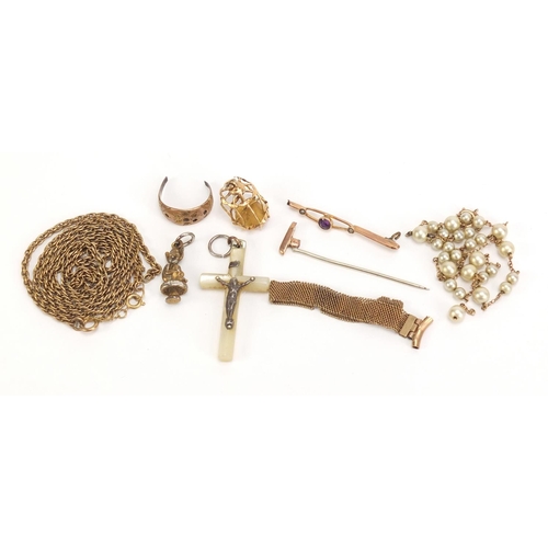 880 - Broken jewellery including a 9ct gold and pearl necklace and mother of pearl crucifix