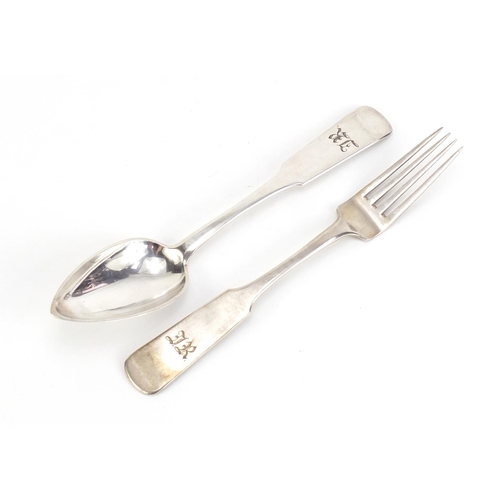 820 - Russian silver fork and spoon by Walery Kostrebski, Warsaw 1852, 22.5cm in length, 145.0g