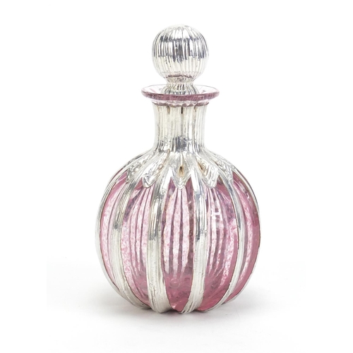 819 - Modern silver overlaid pink glass scent bottle, indistinct hallmarks, 12cm high