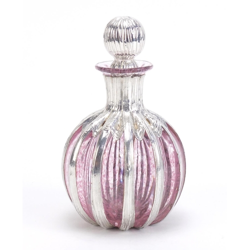 819 - Modern silver overlaid pink glass scent bottle, indistinct hallmarks, 12cm high