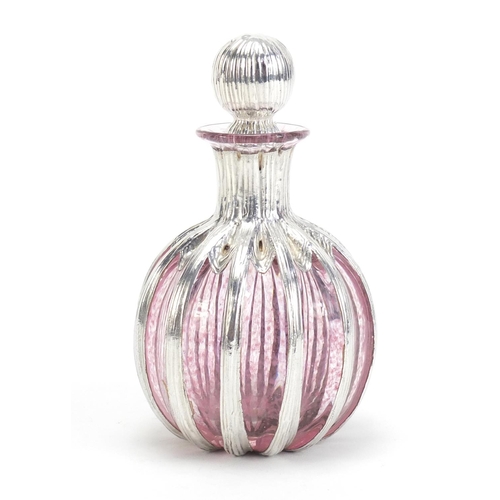 819 - Modern silver overlaid pink glass scent bottle, indistinct hallmarks, 12cm high