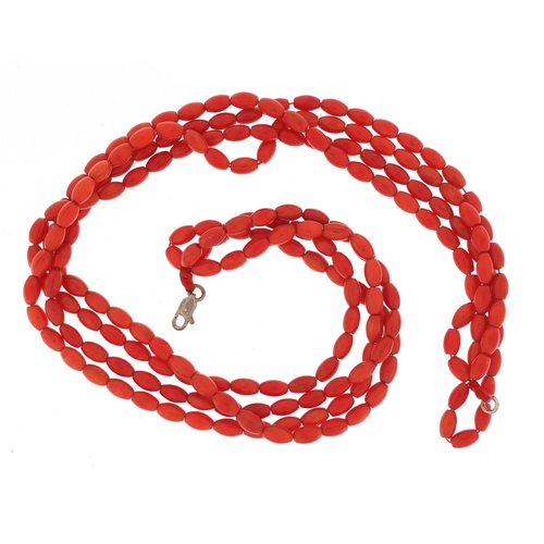 1341 - Four row coral necklace, 40cm in length, 58.0g