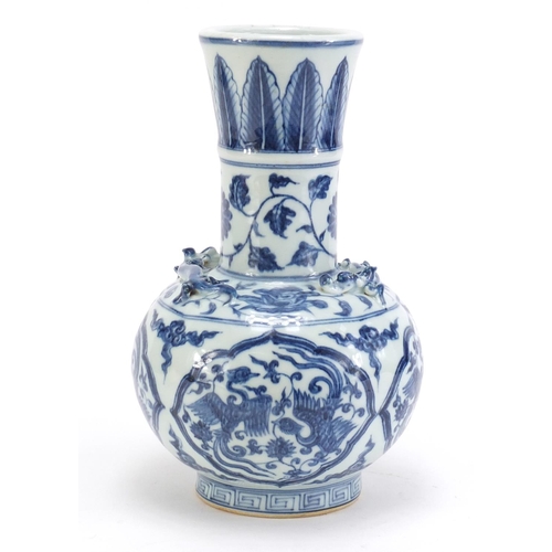 737 - Chinese blue and white porcelain vase with two relief dragons, hand painted with panels of phoenixes... 