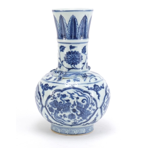 737 - Chinese blue and white porcelain vase with two relief dragons, hand painted with panels of phoenixes... 