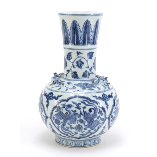 737 - Chinese blue and white porcelain vase with two relief dragons, hand painted with panels of phoenixes... 