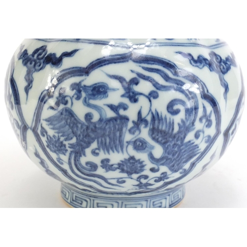 737 - Chinese blue and white porcelain vase with two relief dragons, hand painted with panels of phoenixes... 